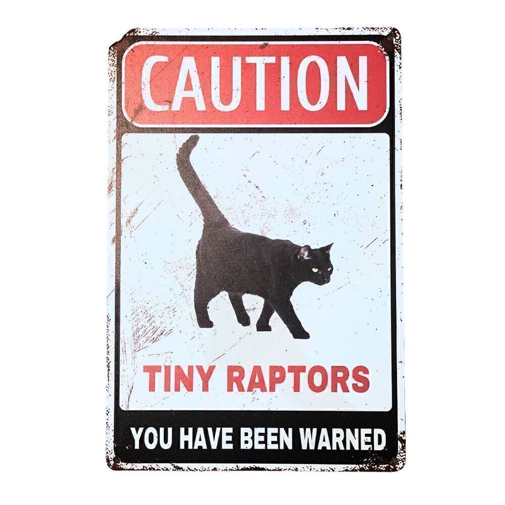 Caution Tiny Raptors Metal Sign - Humorous Black Cat Warning Sign for Home